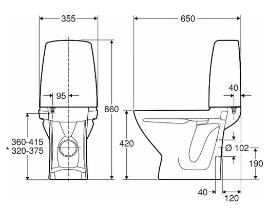 Teknisk ritning av IFÖ golvstående WC med P-lås och dimensioner.