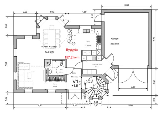 Svartvit ritning av en planlösning med markerad byggyta 157,2 kvm, inkluderande rum, kök, garage och måttangivelser.