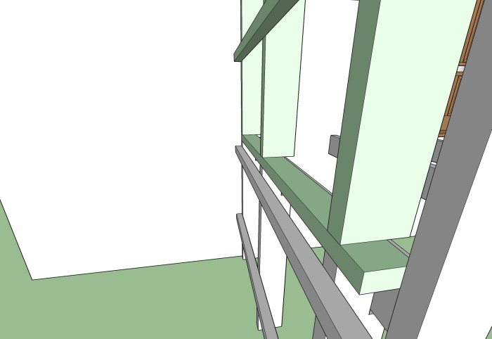 Sketchup-ritning av balkongkonstruktion med reglar och bjälklag i förberedande skede för renovering.