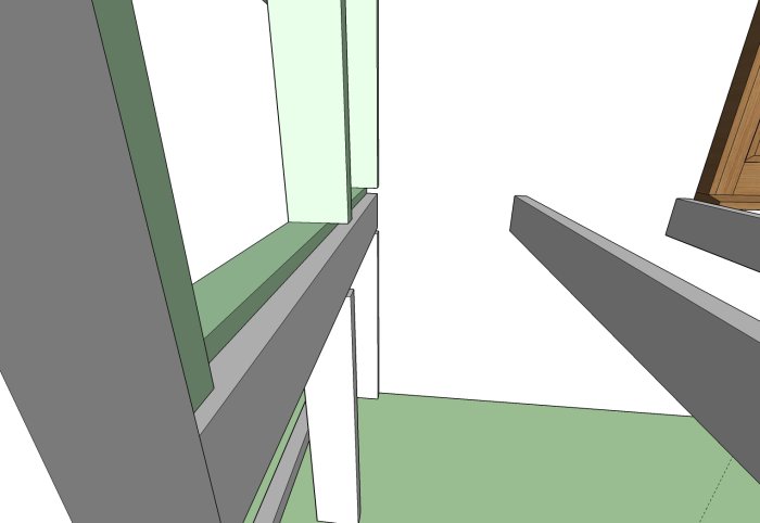 Skiss i 3D av träreglar och balkongkonstruktion beskrivna i byggprojekt.