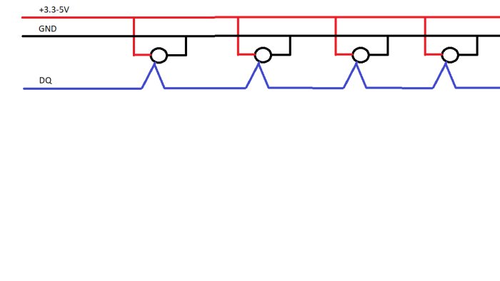 Schema av en seriekopplad 1-wire nätverkskonfiguration med flera sensorer.