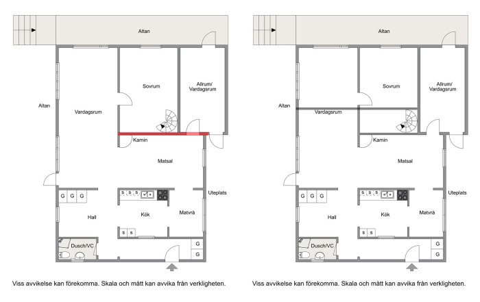 Planritningar före och efter ombyggnad av hus, med en rödmarkerad bärande vägg och grå linje där ny vägg föreslås.