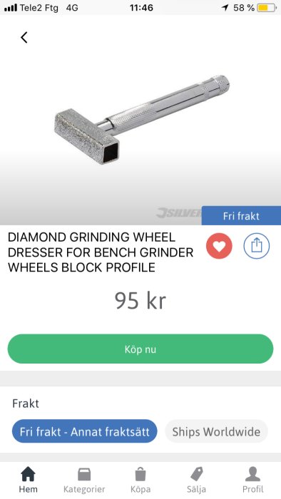 Diamantriktningsverktyg för skärpskivor på bänkslip, på en webbsidas produktvisning.