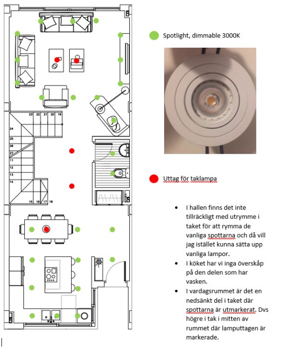 Ritning av våningsplan 1 med markerade lampor och detaljbild av en dimbar spotlight.