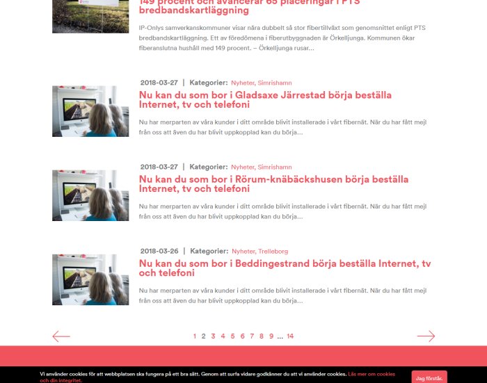 Skärmbild av diskussionstrådar på ett forum om bredbandsanslutning.