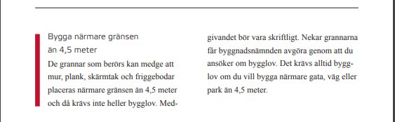 Utdrag ur byggregler om att bygga närmare gränsen än 4,5 meter och att grannars godkännande krävs.