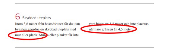 Utdrag ur dokument med texten "Skyddad uteplats" och markerade delar om mur och plank och 4,5 meter gränsregel.