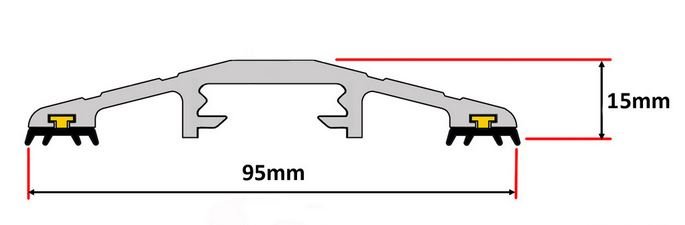 Diagram som visar profil och mått för en Commercial Door 15mm tröskel med indikationer på bredd och höjd.