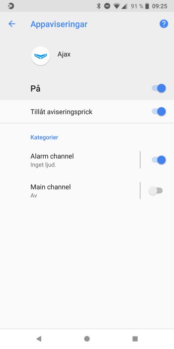 Skärmdump av Android-notifikationsinställningar med avaktiverad "Main channel".