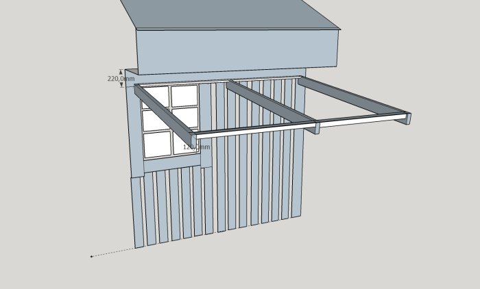 3D-ritning som visar sidovy av hus med fönster och föreslagen konstruktion av skärmtak utan balkskor.