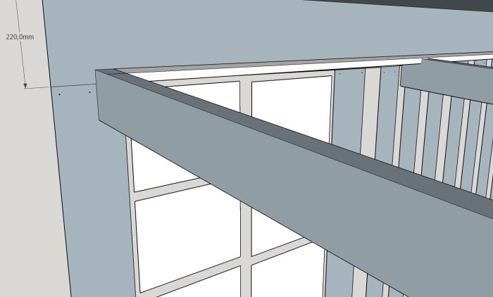 3D-ritning av husfasad med markerad plats för balkskor, visar ett fönster och skärmtaksbalk i relation till befintligt tak.