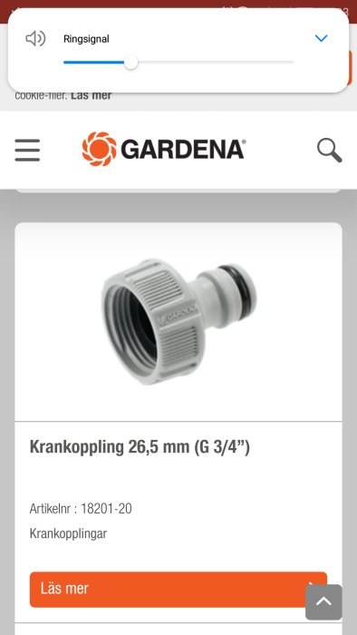 Gardena krankoppling 26,5 mm (G 3/4 tum) på en vit bakgrund, visad på en webbsidaskärmdump.