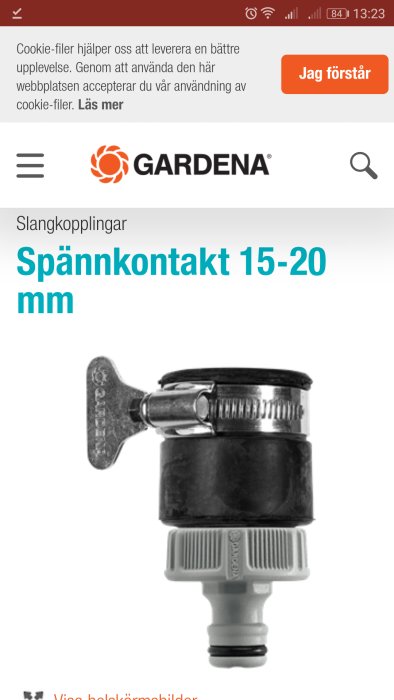 En Gardena spännkontakt för slangar, storlek 15-20 mm, visas på en produktinformationssida.