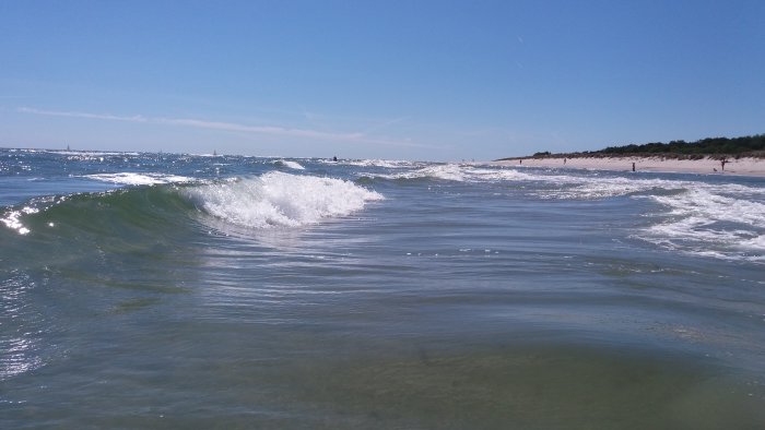 En solig dag på stranden med havsvågor i förgrunden och folk i vattnet i bakgrunden.