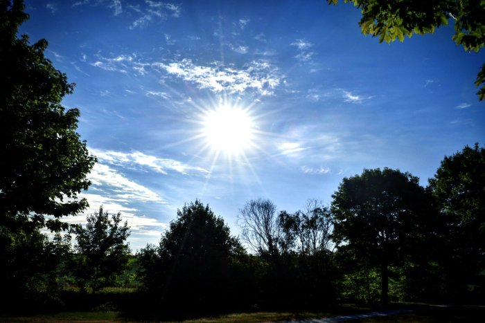 Solstrålar som lyser genom moln ovanför träd i en klarblå himmel.