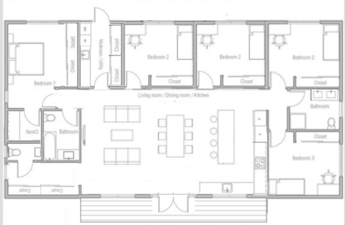 Modifierad planritning av ett hus med flera sovrum, gemensamt vardagsrum/kök och badrum, plus noter om ljusinsläpp.