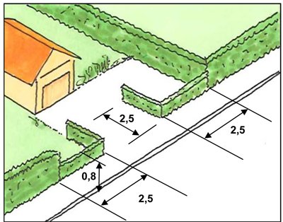 Illustration som visar höjdmått på häck vid gathörn och utfart vid en bostad.