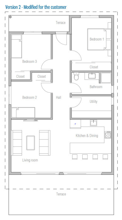 Planritning över 98 kvm bostad med terrass, 3 sovrum, hall, badrum, utility, och kombinerat kök och matplats.