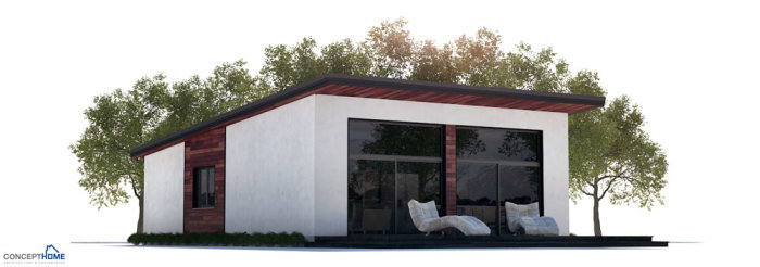 3D-rendering av en modern enplansvilla med vit puts och trädetaljer, stor glasfasad och terrass.