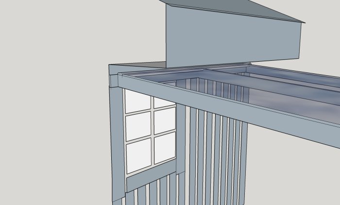 3D-modell av balksko fäst vid balk och vägg, intill ett fönster.