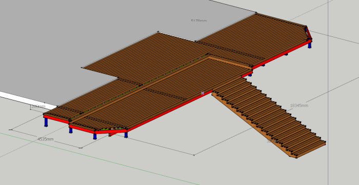 3D-modell av en anpassad altan med nedsänkt sektion, trapplösning och extra stöd för bärlinor.