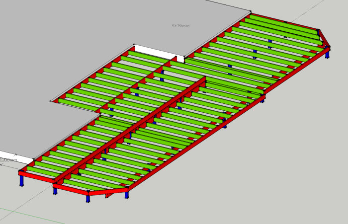 3D-modell av komplex altankonstruktion med nedsänkt del, svävande hörn och planerade plintar.