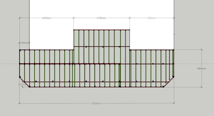 Skiss i Sketchup av planerad altan med dimensioner, nedsänkt sektion och "svävande hörn".