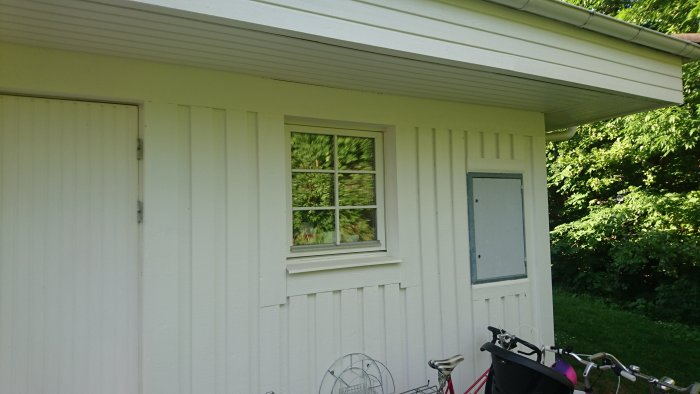 Vitmålat hus med en dörr, fönster och takfot, möjlig plats för ett skärmtak.
