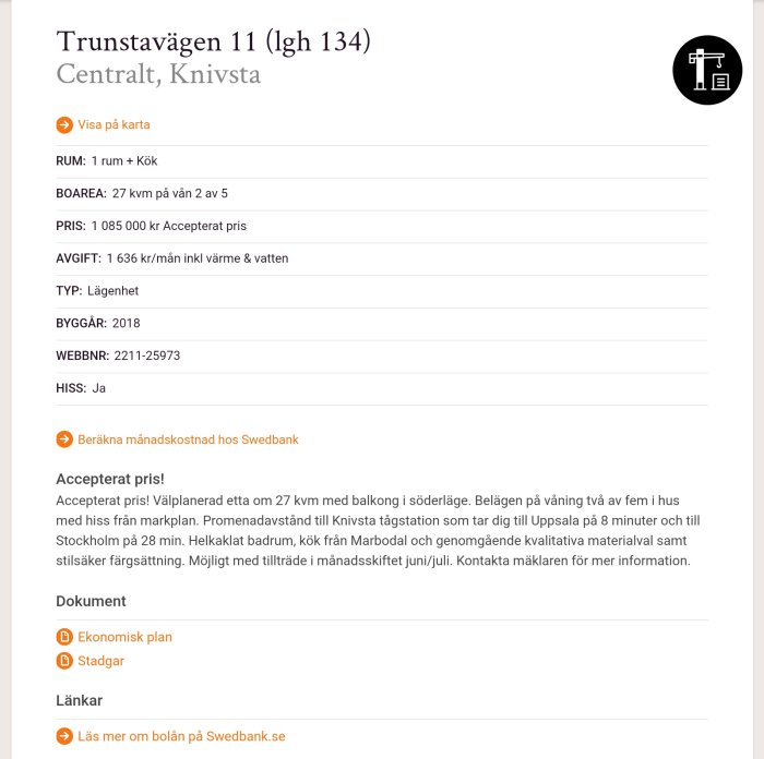 Skärmklipp av en annons för en lägenhet på Trunstavägen med information om rum, storlek, pris och byggår.