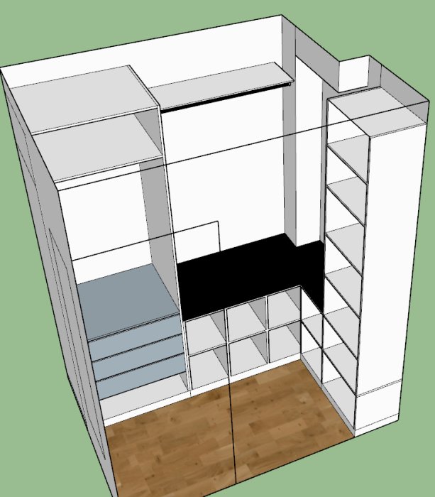 Sketchup-modell av en framtida klädkammare med pax garderober, skohylla och klädstång.