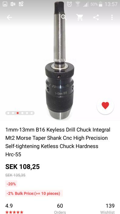 Nyckellös borrchuck från webbhandel, visar storlek 1-13mm B16 och Morse Taper Shank Mt2.