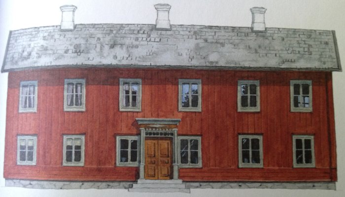 Illustration av rödfärgat 1800-tals hus med hyvlade plank och stenfot.