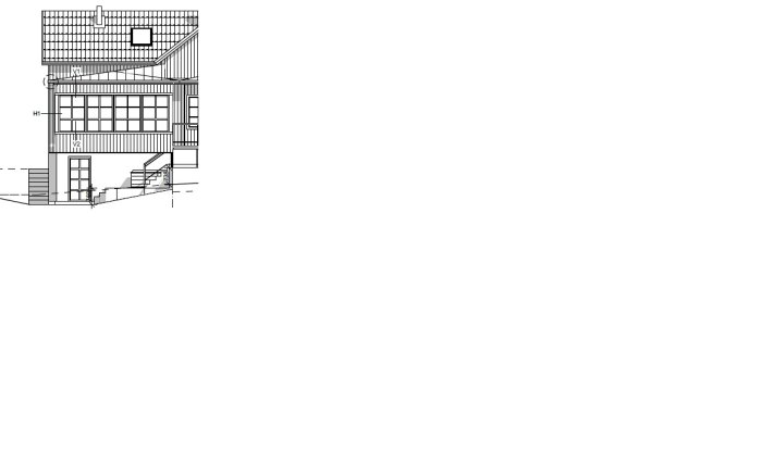 Teknisk ritning av en husfasad med olika takkonstruktioner, inklusive pulpet- och sadeltak, för byggprojekt.