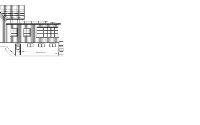 Konstruktionsritning av ett hus med komplex takstruktur inkluderande pulpet- och valmat sadeltak.
