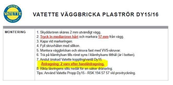 Monteringsanvisning för Vatette väggbricka med markerad text om vikten av att följa anvisningar och handdragning.