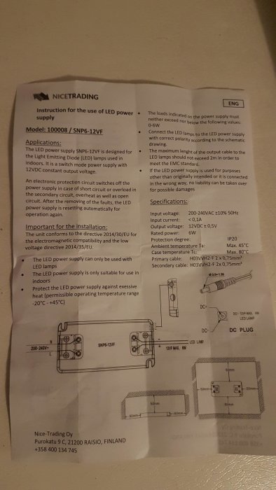 Manuell för LED-drivdon med tekniska specifikationer, diagram och kontakttyper.