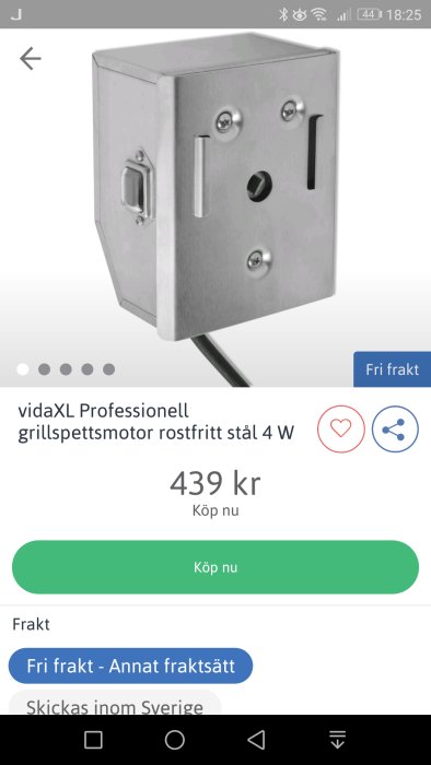 Professionell grillspettsmotor i rostfritt stål på en vit bakgrund.