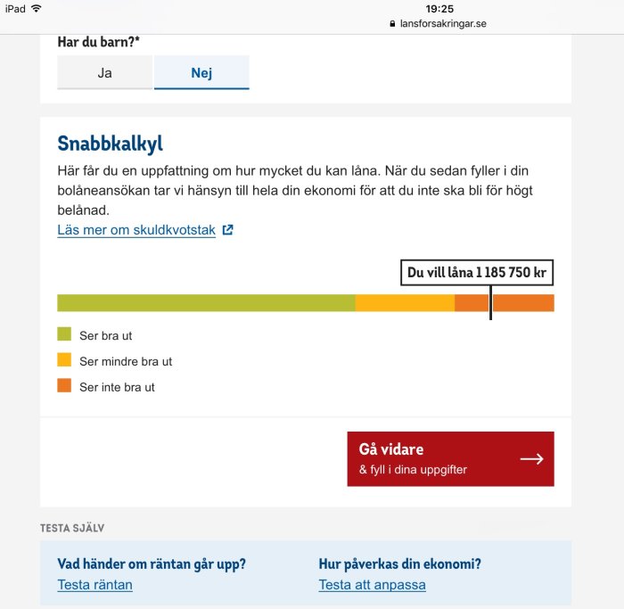 Skärmdump av en bolånekalkylator som visar en möjlig lånesumma på 1 185 750 kr.