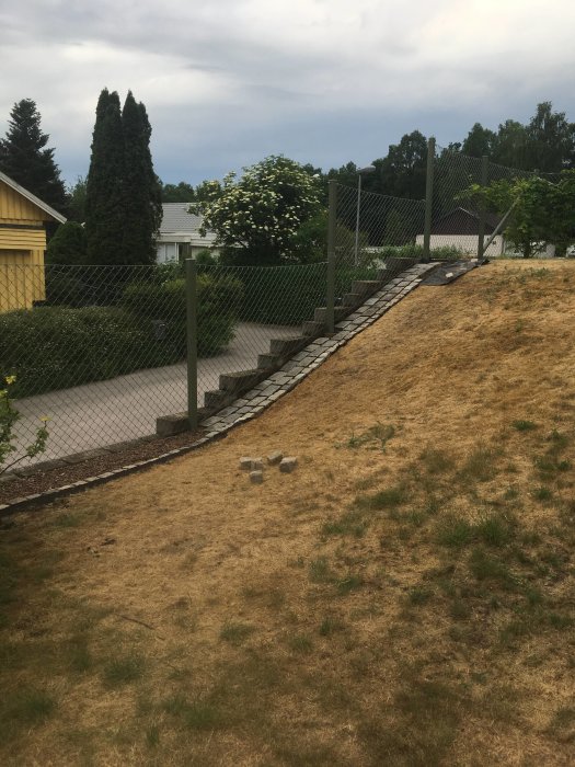 Stenlagd trappstegsformad gång som anpassar sig efter sluttningen på en gräsmatta vid ett hem.