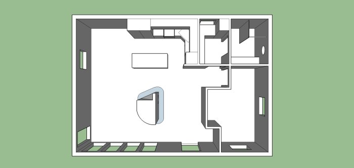 3D-ritning av ett hus inifrån med tydliga avdelningar för olika rum och möjliga möbelplaceringar, inklusive utökad tvättstuga.