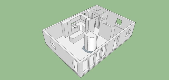 3D-ritning av en husplan som visar layout för rum och möblering, inriktad på tvättstuga och vardagsrum.