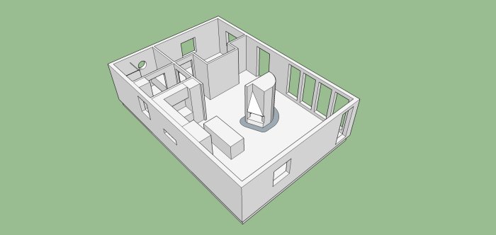 3D-skitss av ett husplan med möblerat vardagsrum, utökad tvättstuga och måttangivelser.