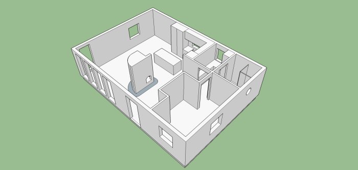 3D-ritning av ett hus utan tak som visar rumslayout inklusive utökad tvättstuga.