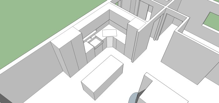 3D-ritning av en husplan som visar layouten av ett vardagsrum, kök och badrum.