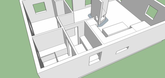 3D-ritning av ett husplan med utökad tvättstuga och oinredda vardagsrumsytor.