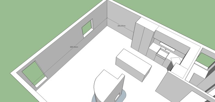 3D-ritning av en planlösning med mått för olika rum inklusive utökad tvättstuga.