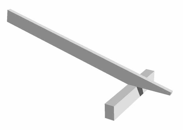 Enkel illustration av en snedställd träbjälke som stöds av tvärgående klossar för byggkonstruktion.