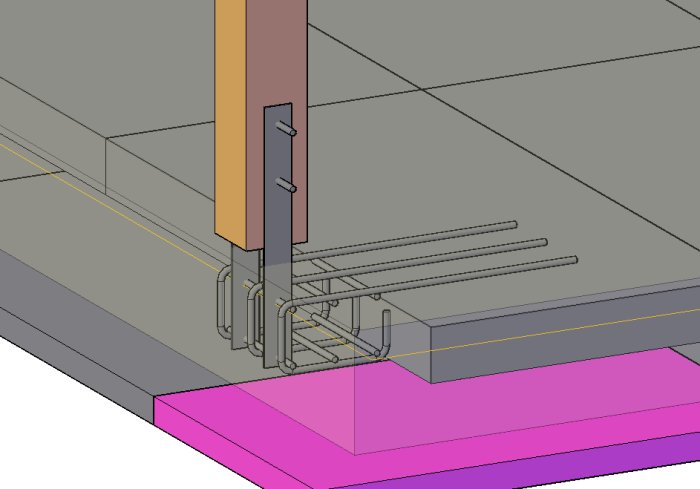 3D-skiss av betongfundament med armeringsjärn, byglar och pelare i grått och rosa.