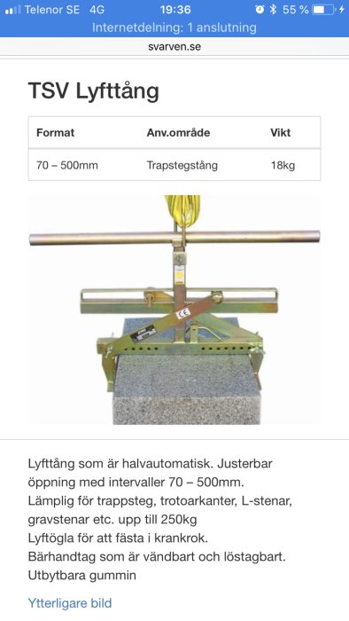 Halvautomatisk TSV lyfttång fäst på en sten, justerbar öppning, lämplig för byggmaterial upp till 250kg.