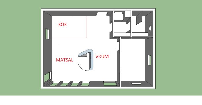 Illustration av en husritning med markerad föreslagen ny placering av entrén.